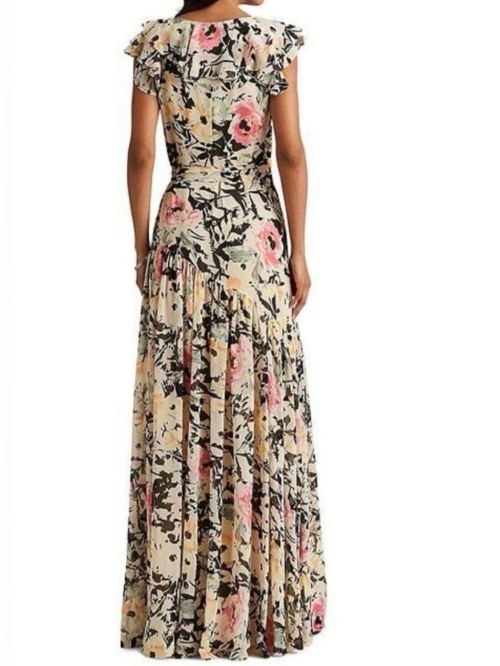 Ralph Lauren Floral Chiffon Gown Maxi Dress Cream with Pink Floral Print 10 - Picture 3 of 16